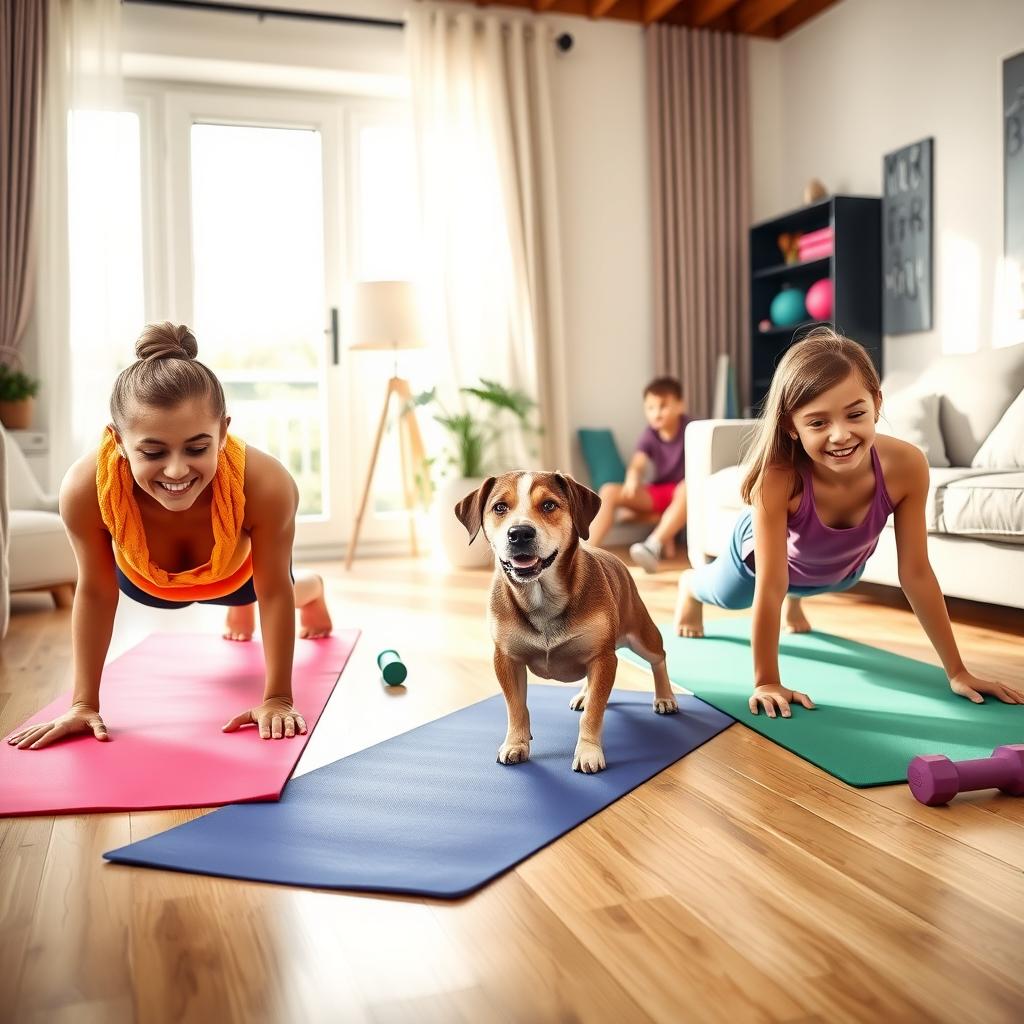 A family doing a group plank exercise in a bright living room with colorful yoga mats and a playful pet dog.