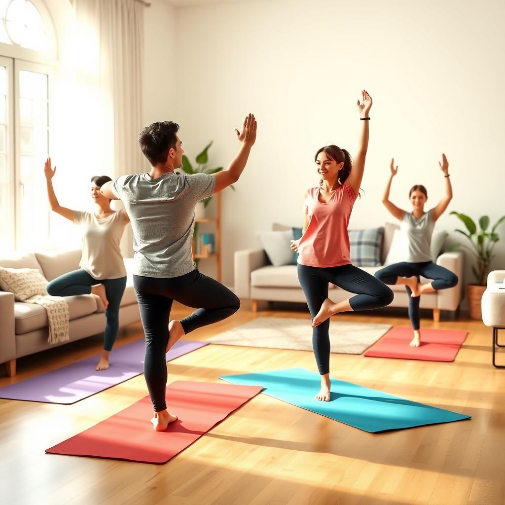 A family of four practicing yoga together in a bright living room, balancing on colorful yoga mats.