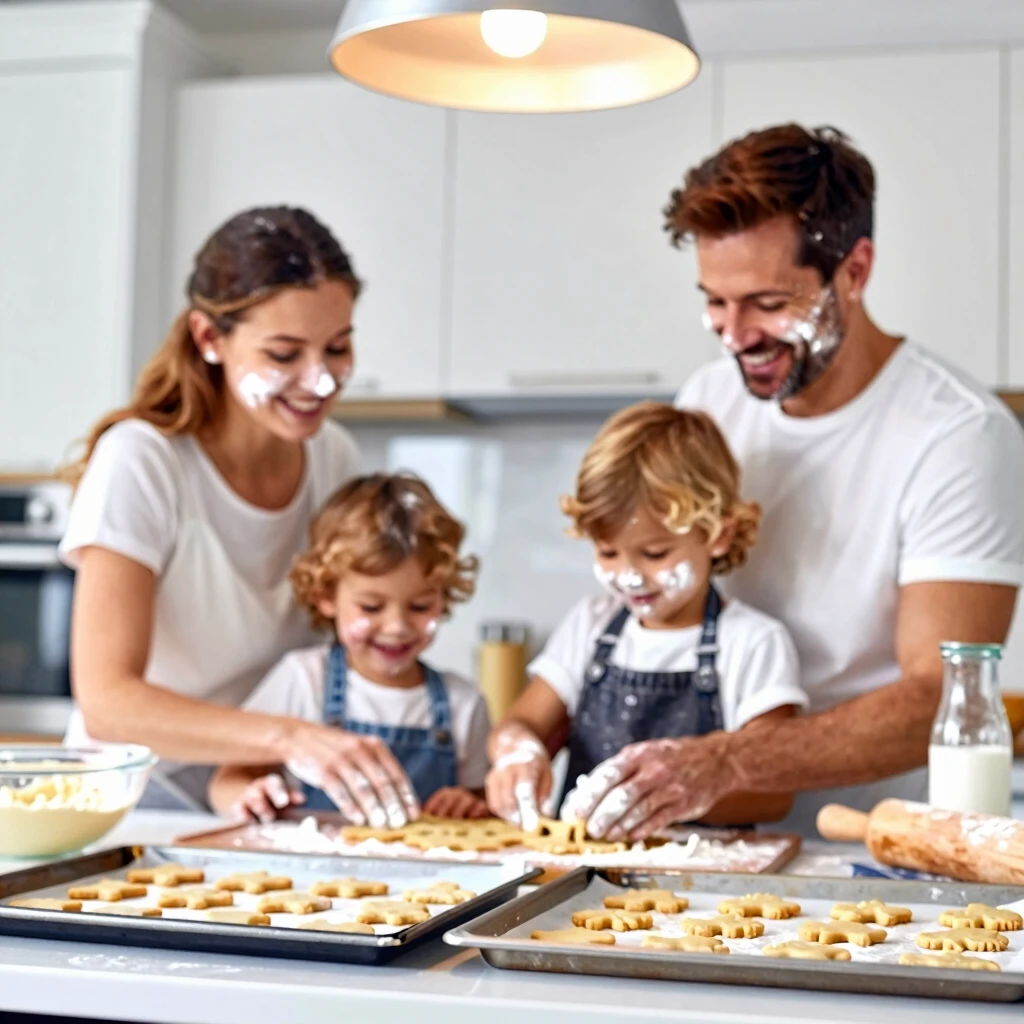 Family baking cookies together as a fun indoor bonding activity