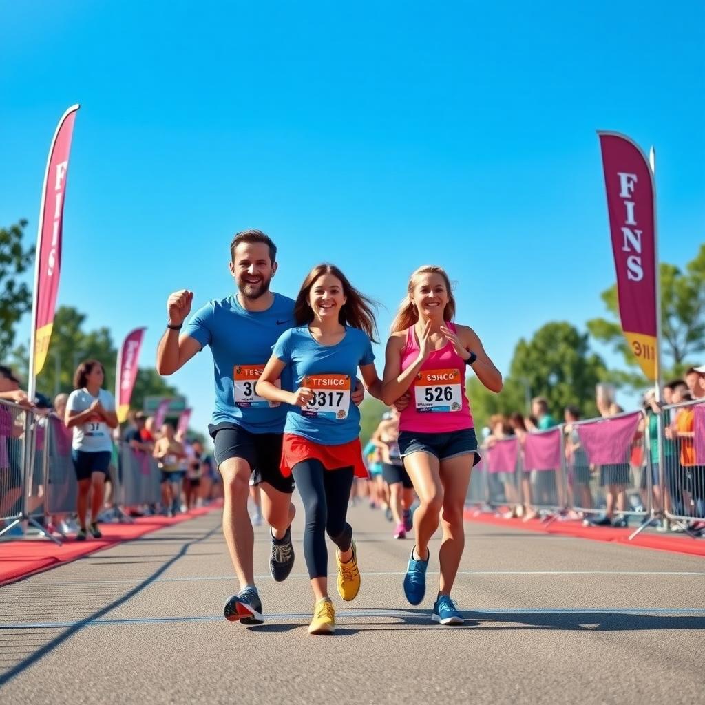 Family of four smiling as they cross the finish line at a 5K race.