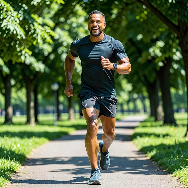 Runner in proper running apparel jogging on a park trail