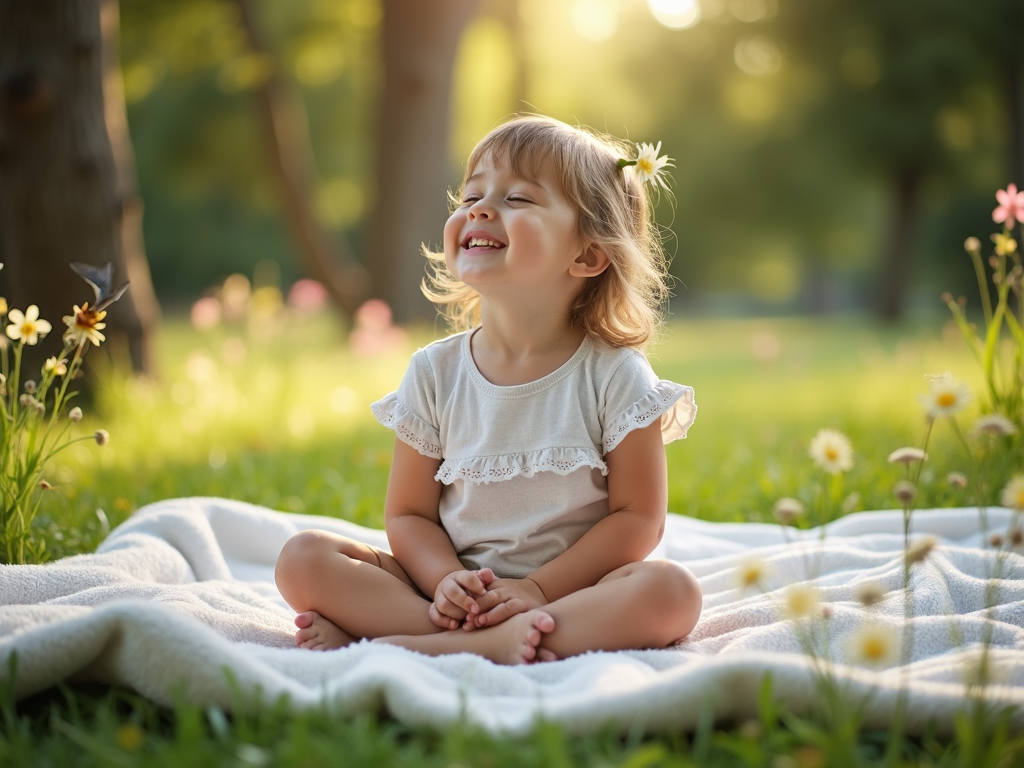 A child meditating calmly in a sunny park