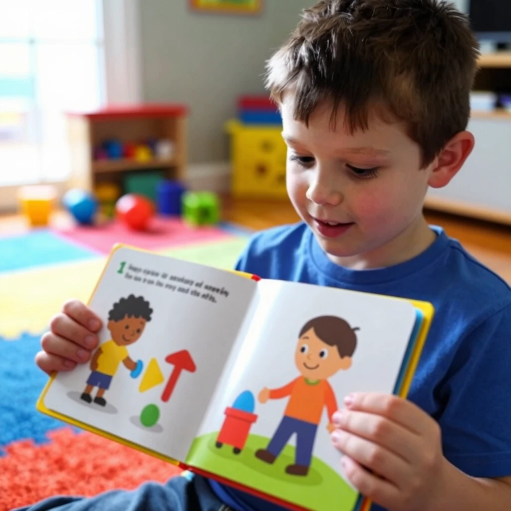 A boy with autism reading a social story about sharing during playtime
