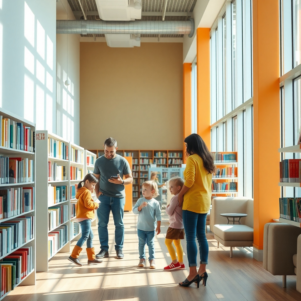 Family exploring books at a local library