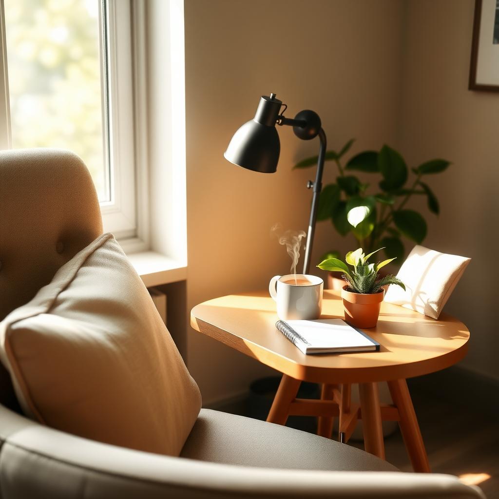Cozy home office corner with a chair, desk, tea mug, notebook, and plant, bathed in soft natural light.