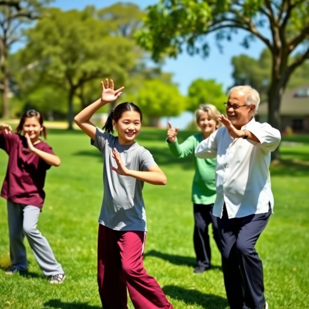 A diverse family practicing Tai Chi in a sunny park with a smiling instructor.