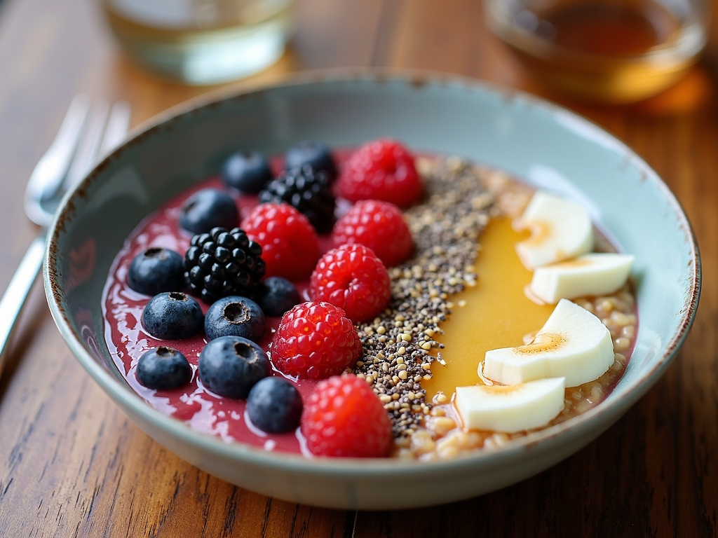 A bowl of oatmeal with berries and honey.