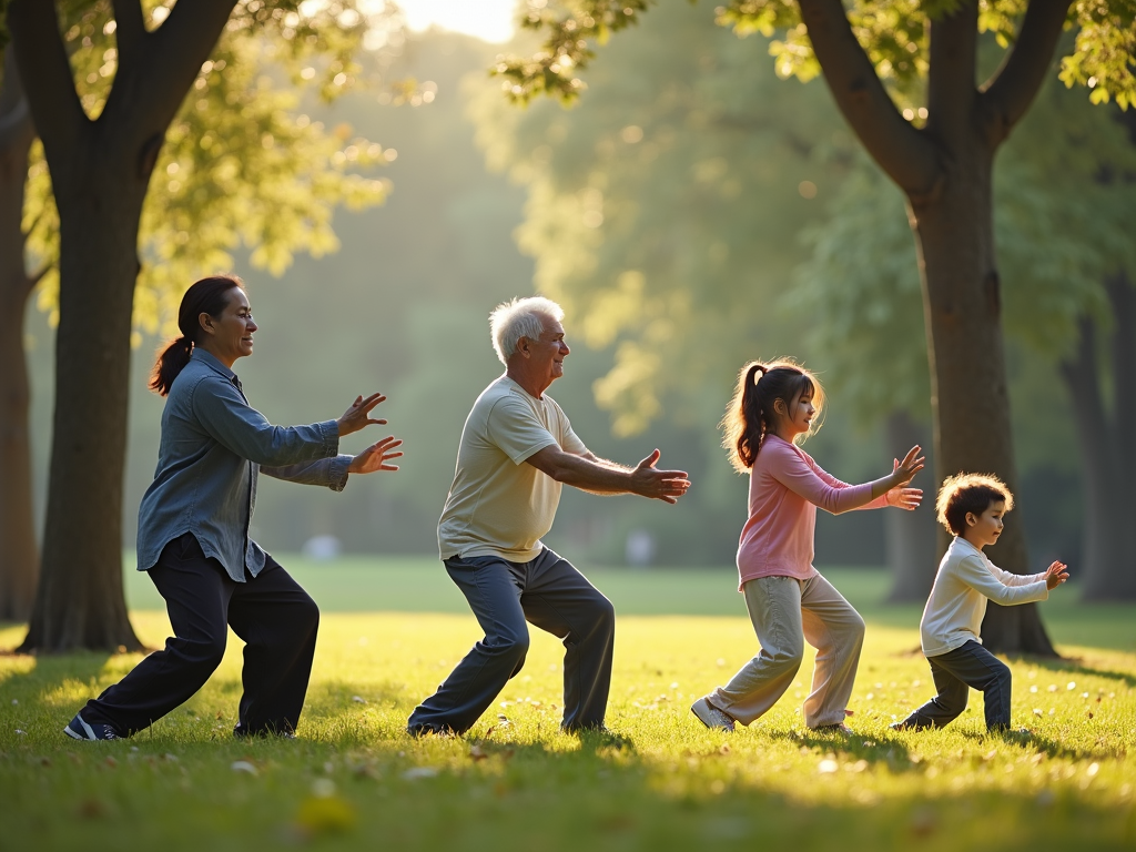 Family practicing Tai Chi together in a park