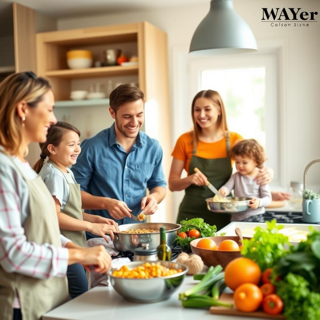 Family cooking together in a bright, warm kitchen