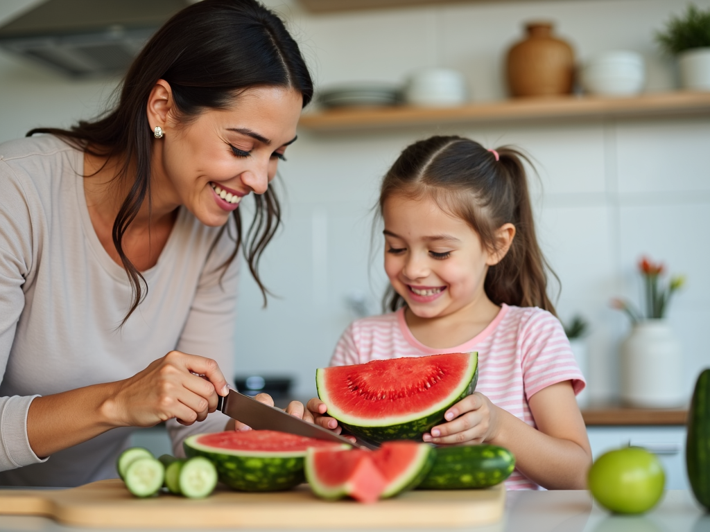 Mother and daughter preparing hydrating snacks.