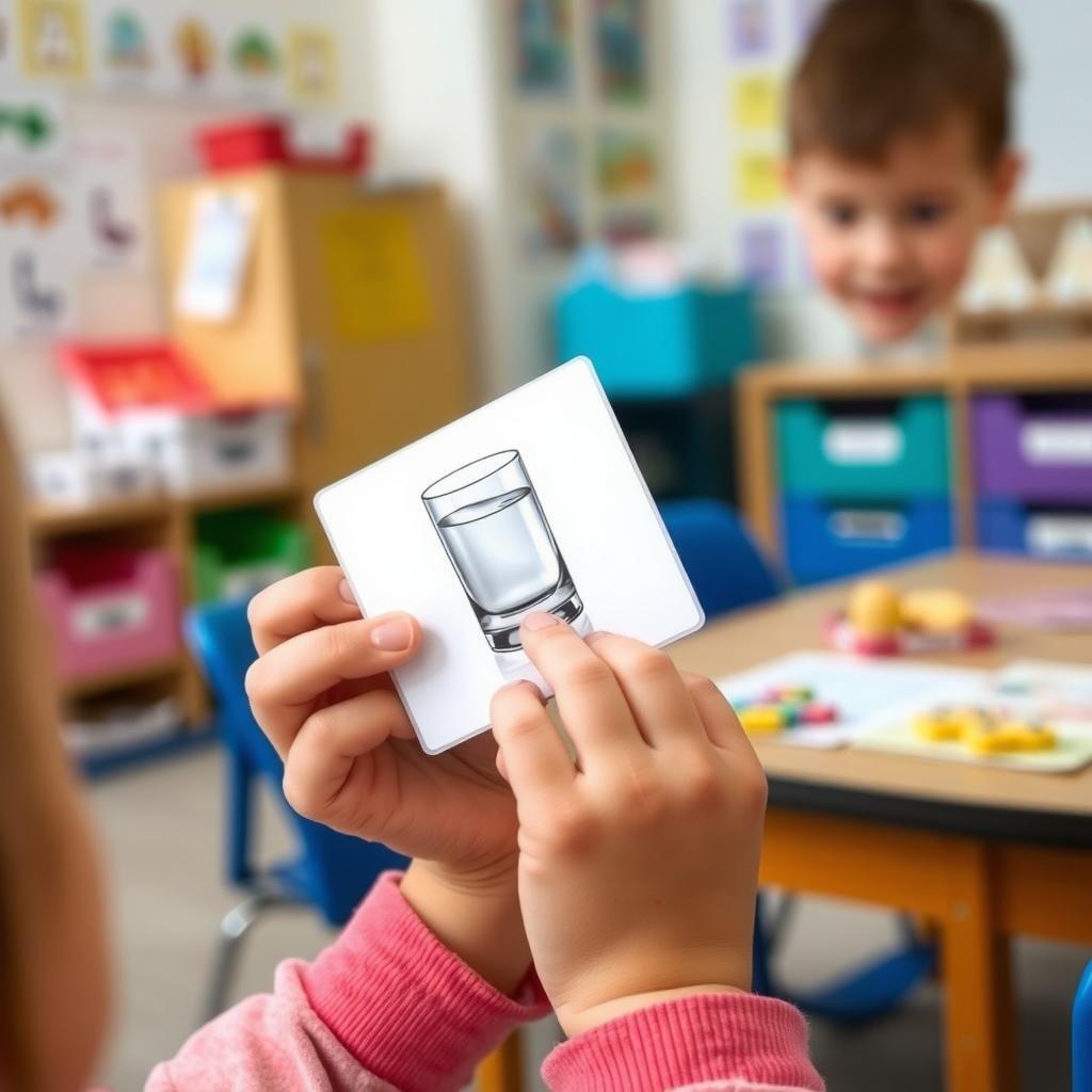 A child’s hands hold a picture card of a glass of water in a calm classroom setting.
