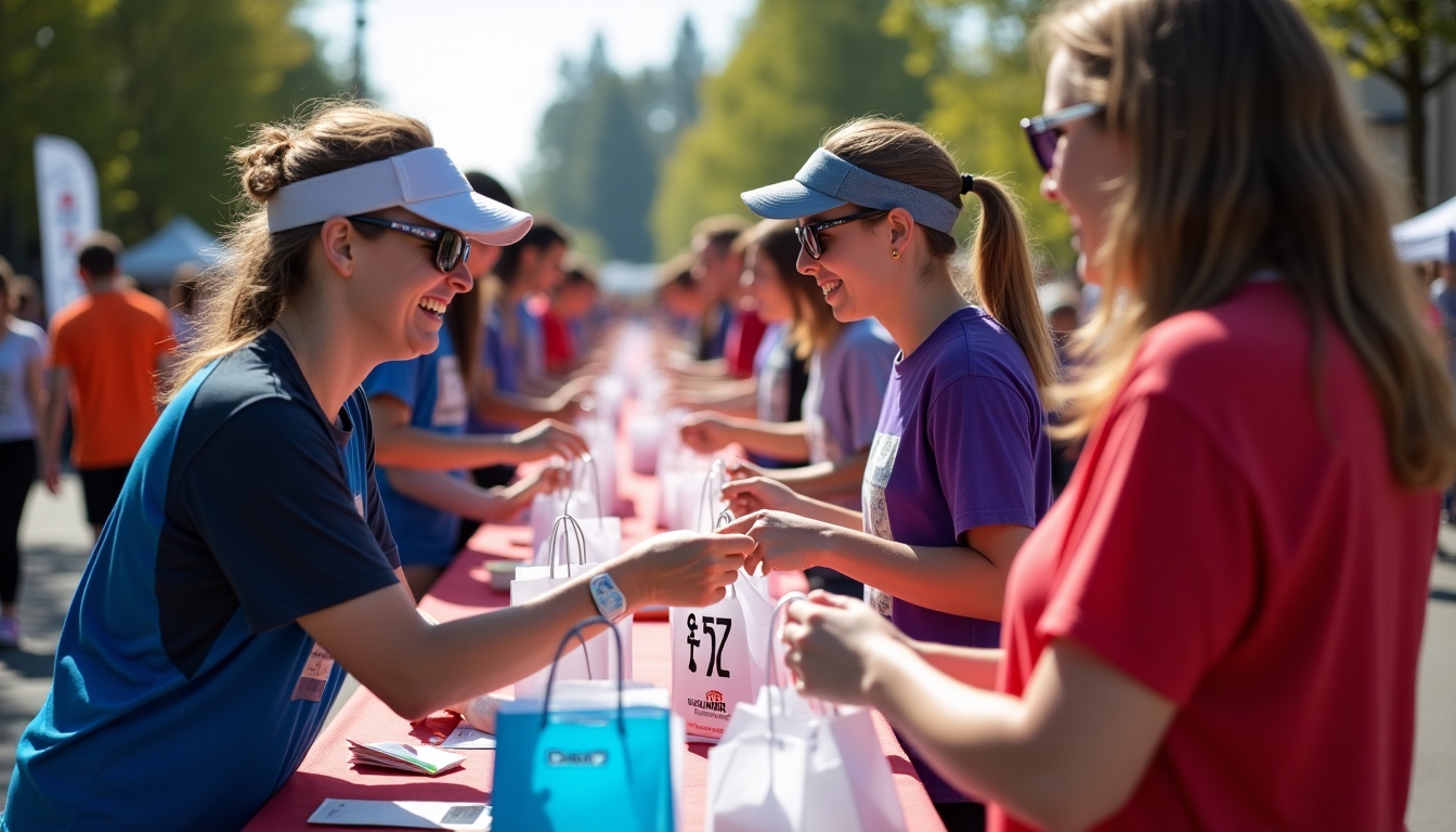 Volunteers organizing registration for a charity 5K race.