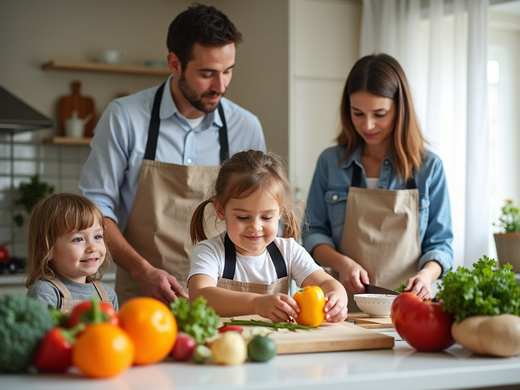 Family preparing a healthy meal together.