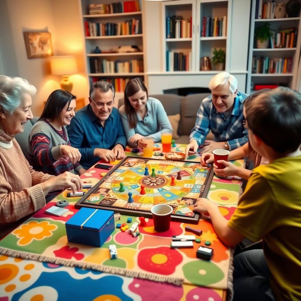 A diverse family playing a board game on a colorful mat in a cozy living room with snacks and warm lighting.