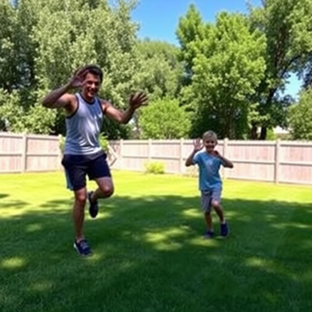Person and child doing jumping jacks in a sunny backyard