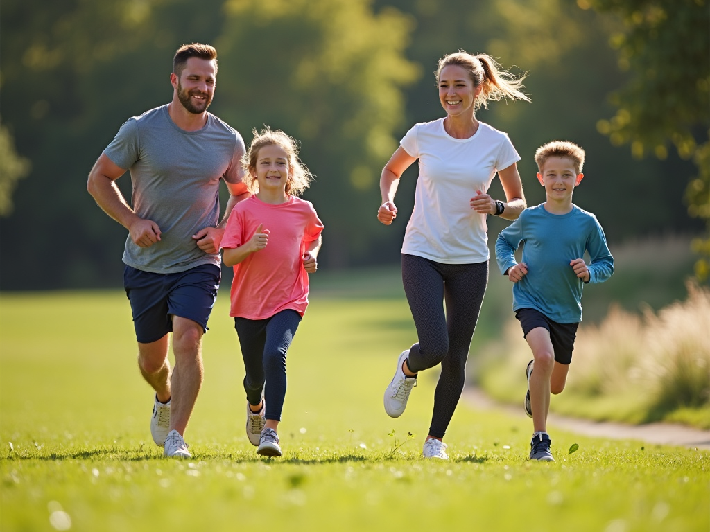 Family running together in a park
