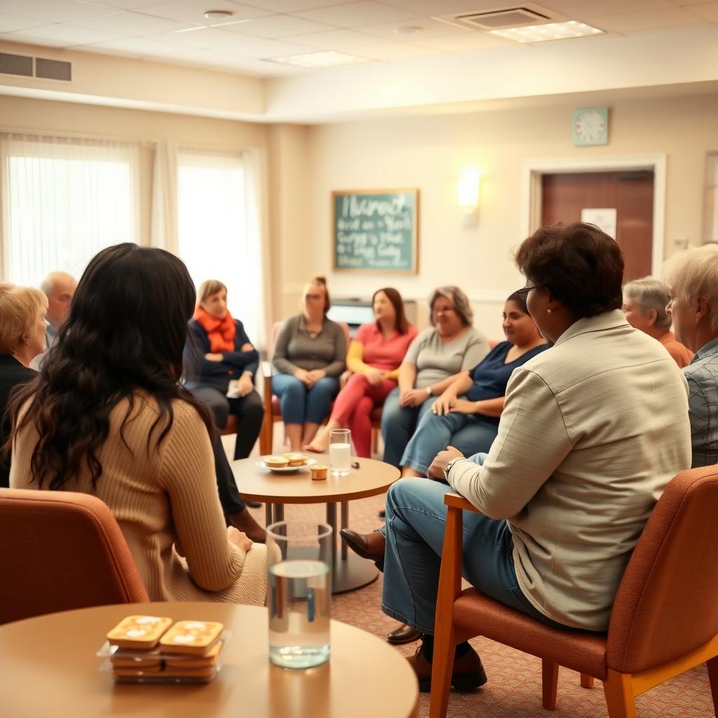 A diverse group of people in a support group meeting, discussing chronic vomiting in a warm, supportive community center.