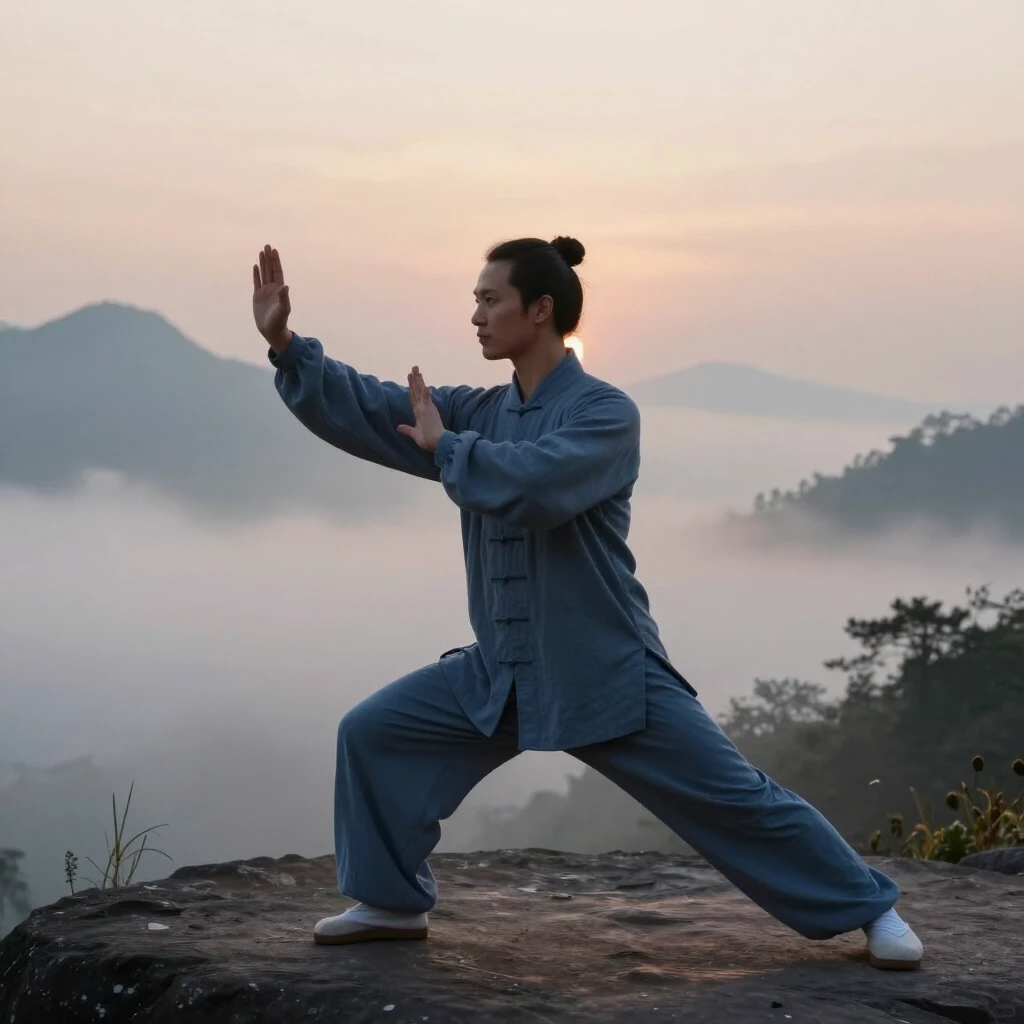 Individual practicing Tai Chi in a scenic mountain environment