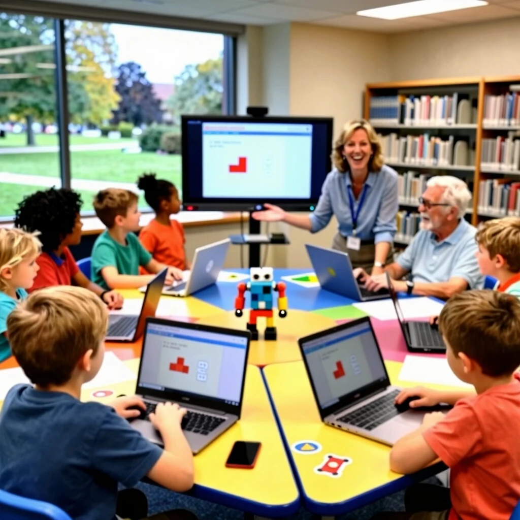 Families participating in a coding workshop at the community library
