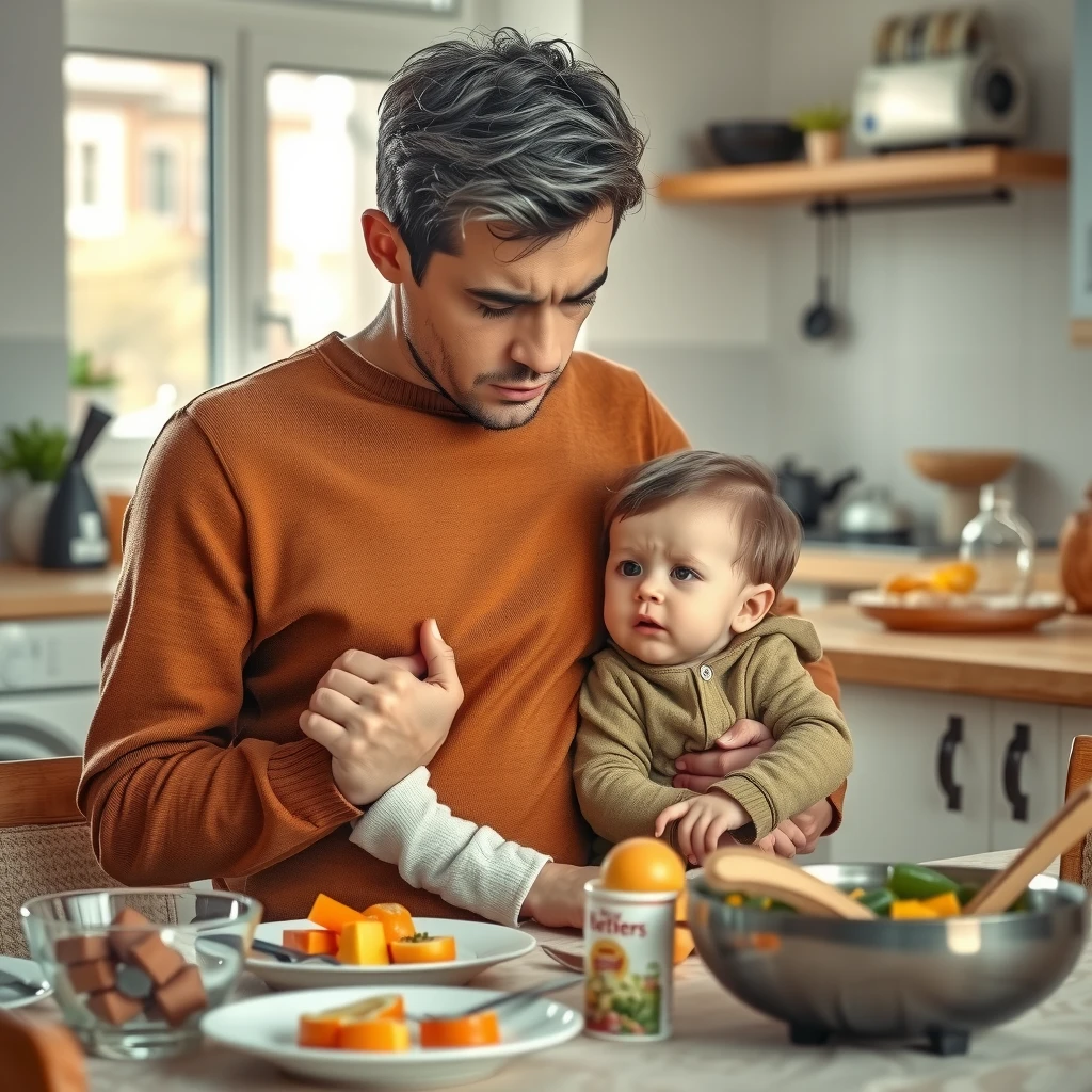 Parent comforting a child experiencing an acute FPIES reaction in the kitchen