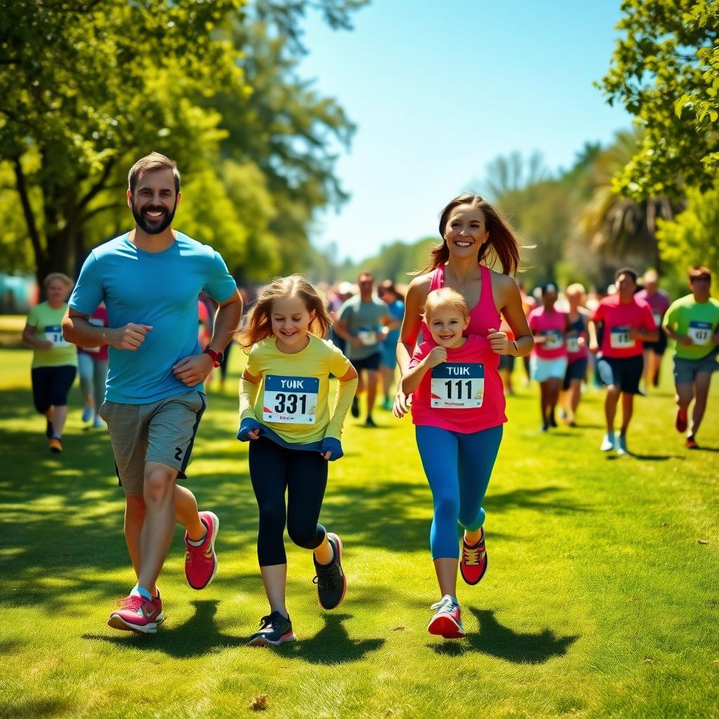 A family of four joyfully running together in a sunny park during a 5K fun run, surrounded by greenery and other participants.