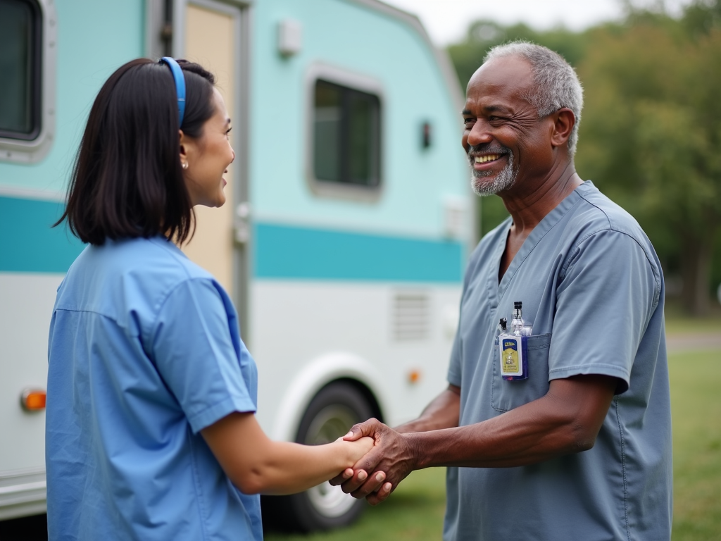 A satisfied patient after receiving care from a mobile clinic.