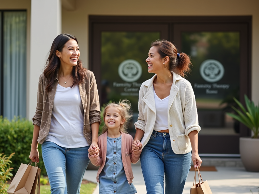 Family leaving therapy office happily