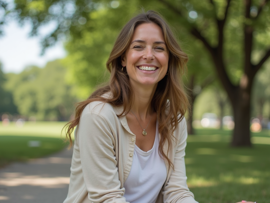 A woman enjoying a peaceful moment in a park, reflecting the positive effects of therapy.
