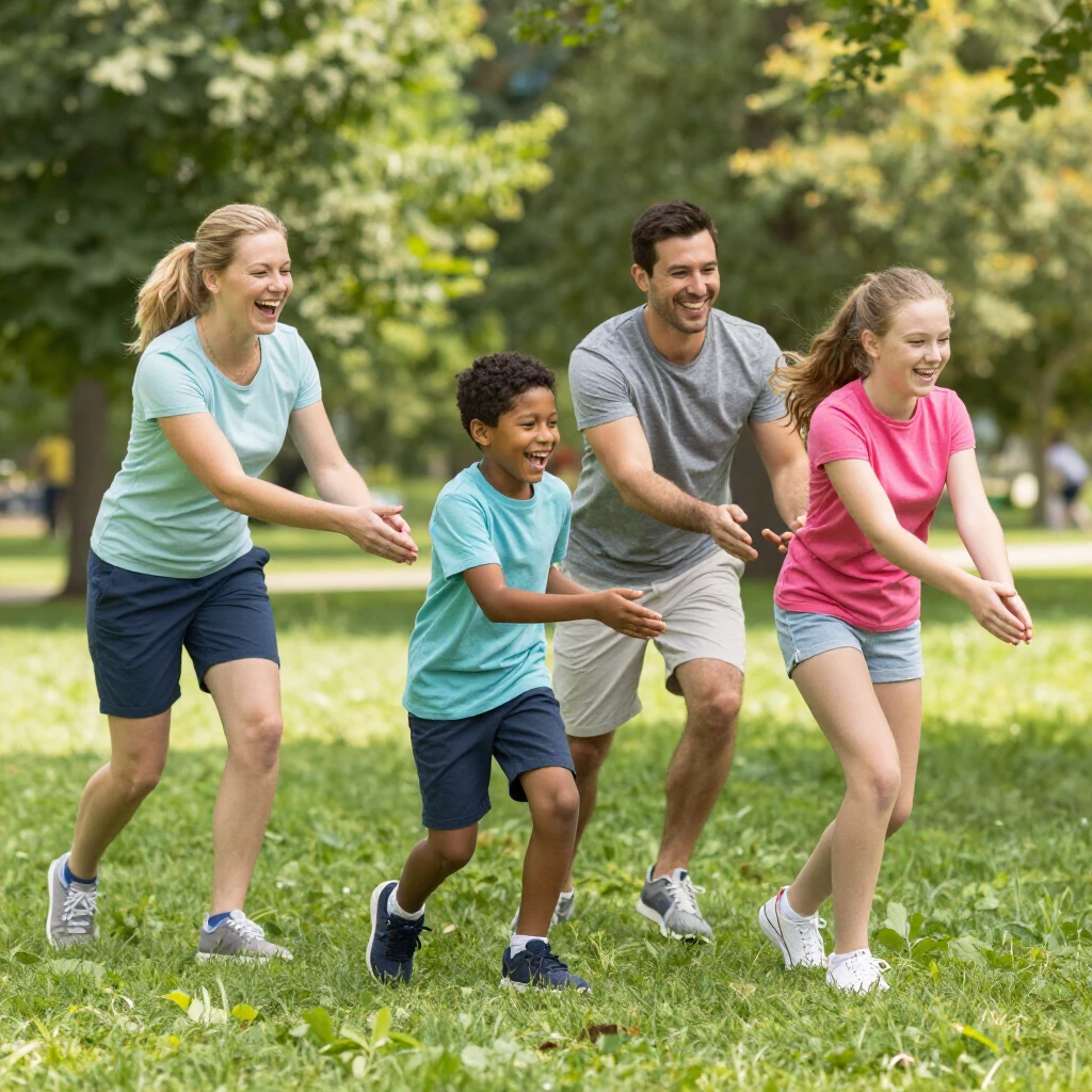 Happy family playing tag in a park