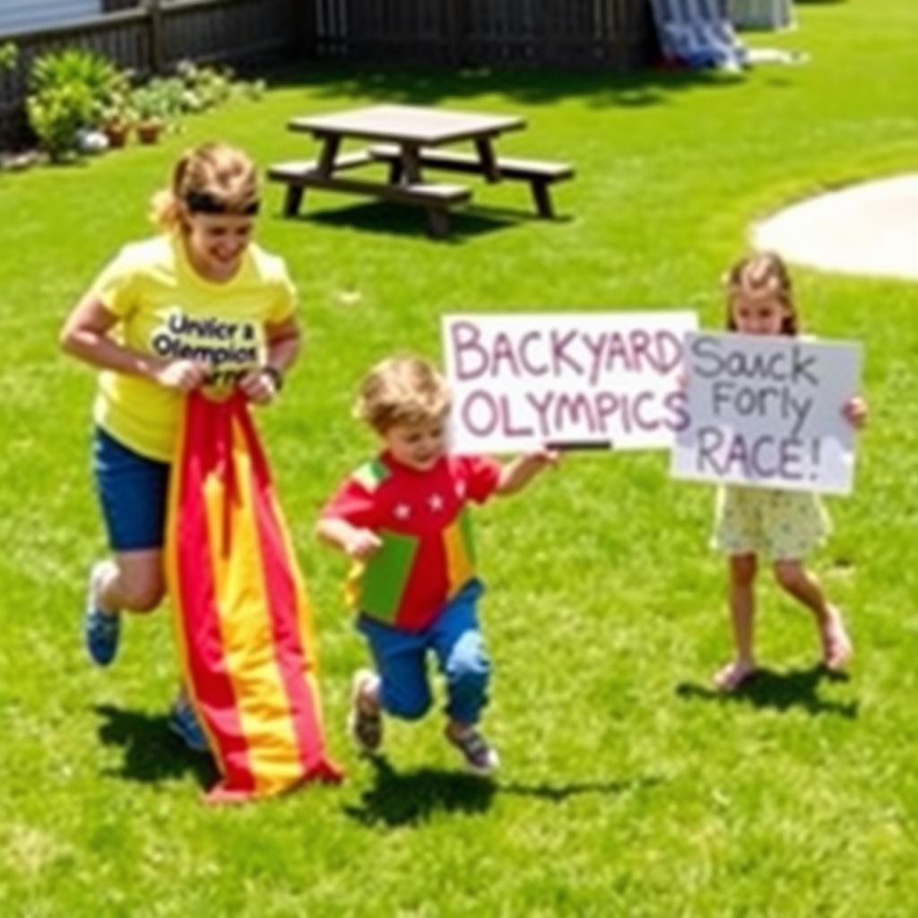 A family enjoys a Backyard Olympics with sack races and cheering in a sunny backyard.