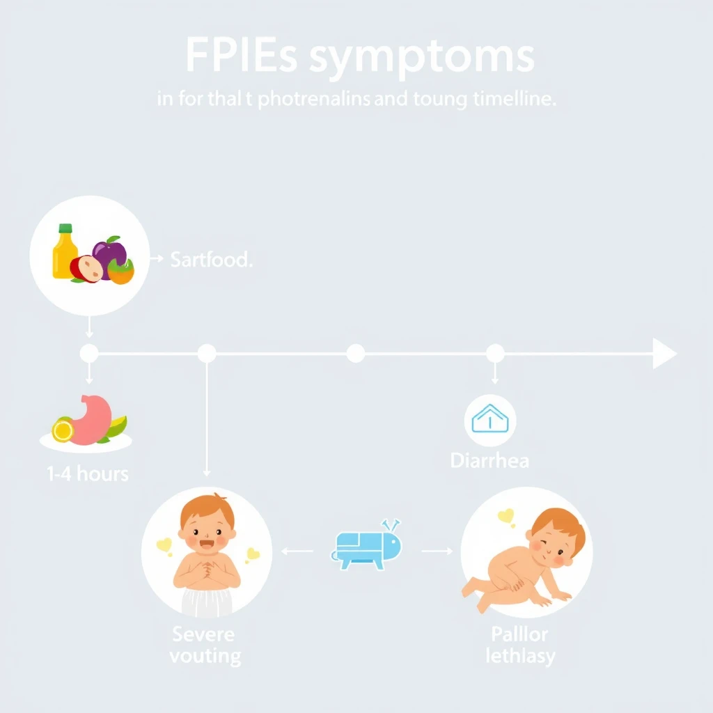 Infographic illustrating the timeline and symptoms of an acute FPIES reaction in children