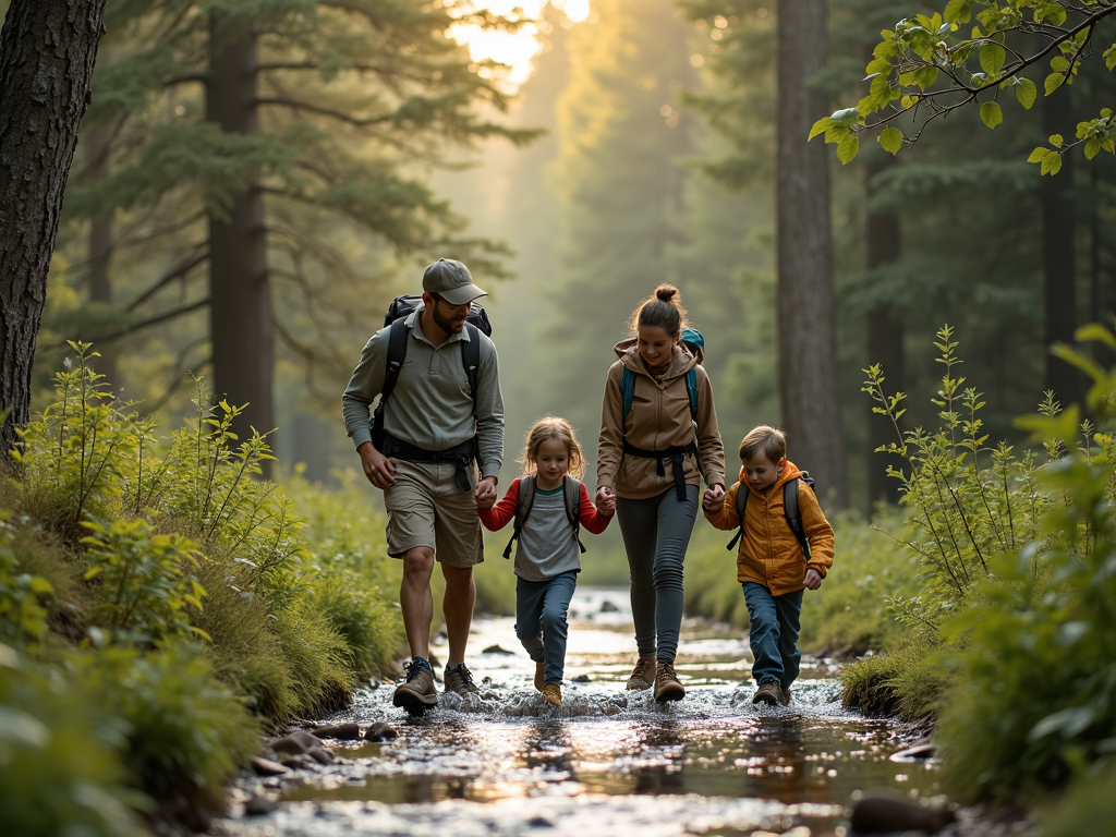A family enjoying a hike in the forest, bonding over the shared experience.