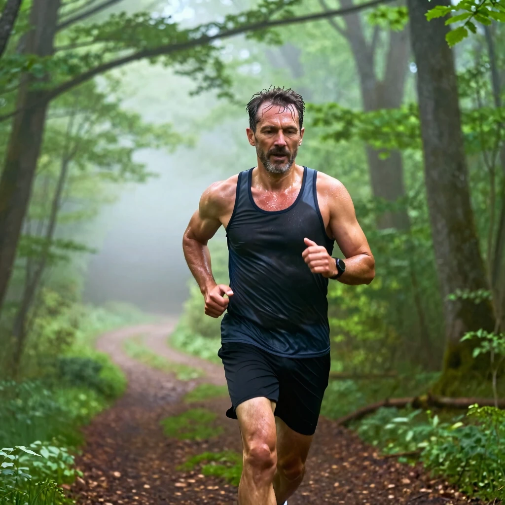 Runner on forest trail building stamina at sunrise