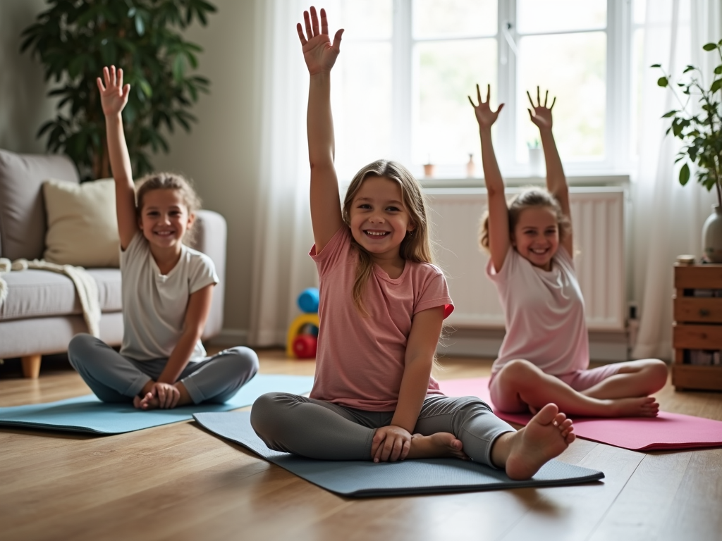 Family stretching together at home