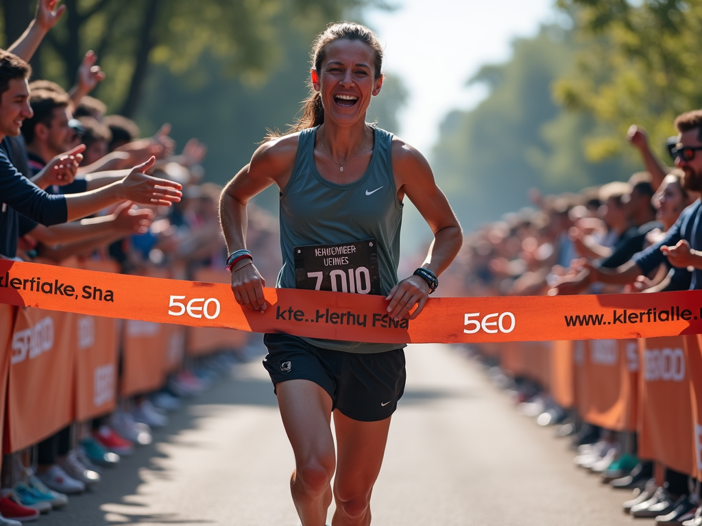 Runner celebrating at the finish line of a 5K race