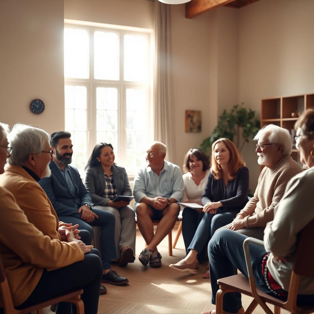 A diverse group of people in a community center participating in a supportive group therapy session.