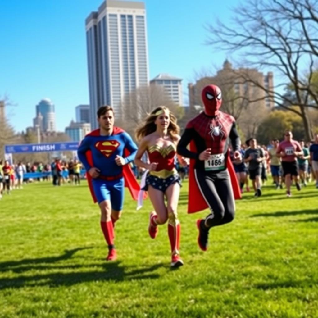 Superhero-dressed runners race through a park during a Superhero Sprint 5K.