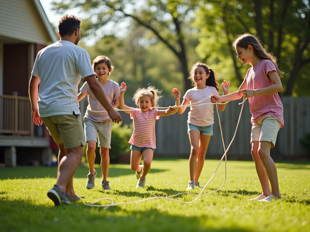 A family jumping rope together outdoors, full of energy and fun.