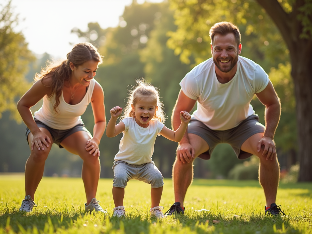 Family doing bodyweight squats together in a park