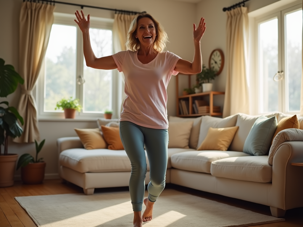 Woman dancing in her living room