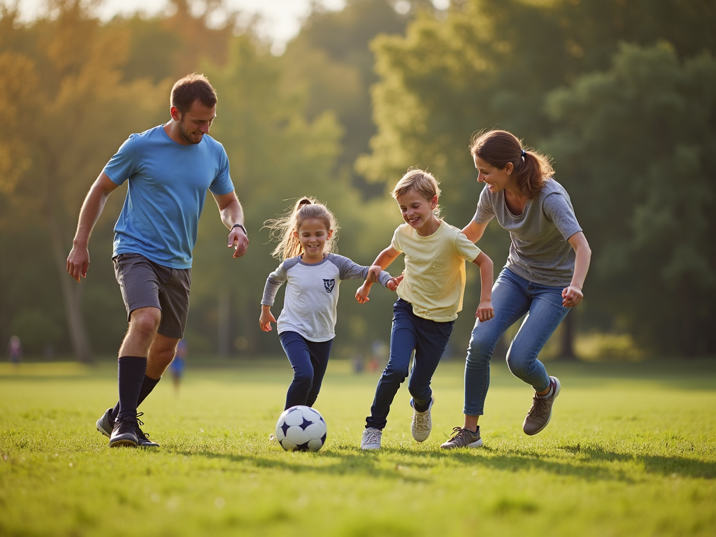 A family playing soccer together in a park.