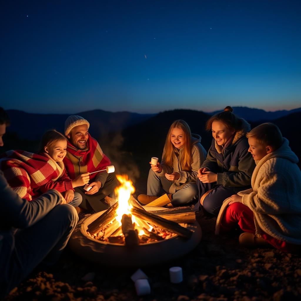 A family roasting marshmallows around a campfire under a starry sky in the Blue Ridge Mountains.