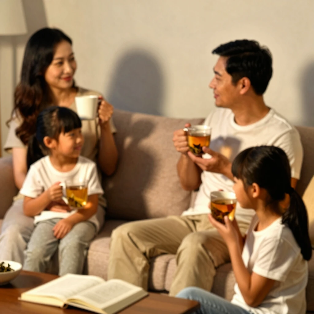 Family relaxing together with herbal tea in the evening living room