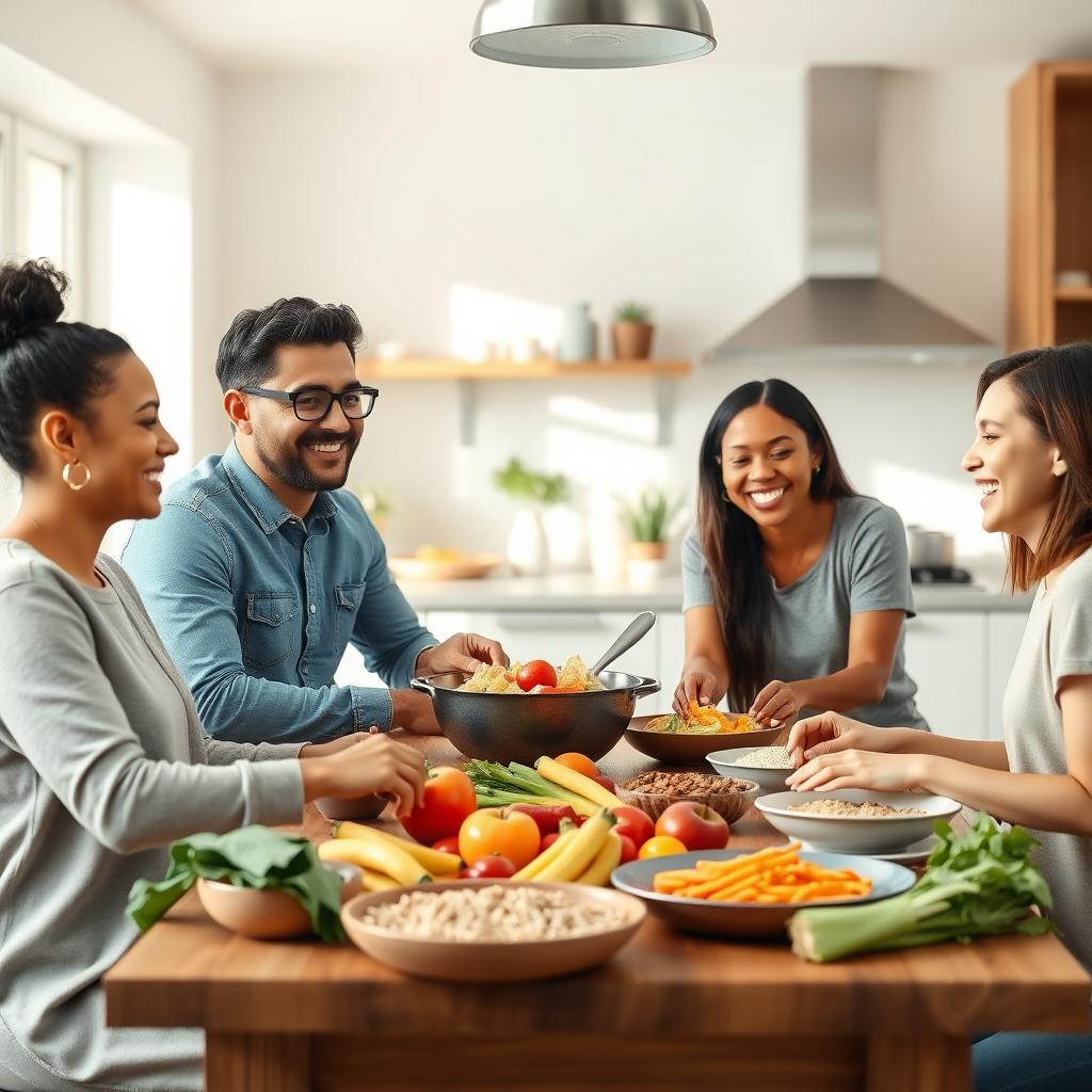 A family of four happily prepares a healthy meal together in a bright, modern kitchen.
