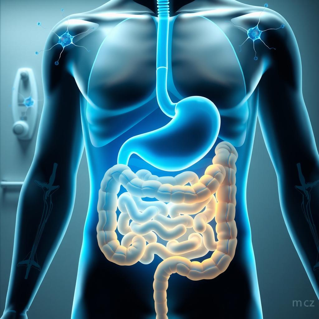 Illustration of the human digestive system with a focus on the stomach and intestines, connected to neurons, in a medical setting.