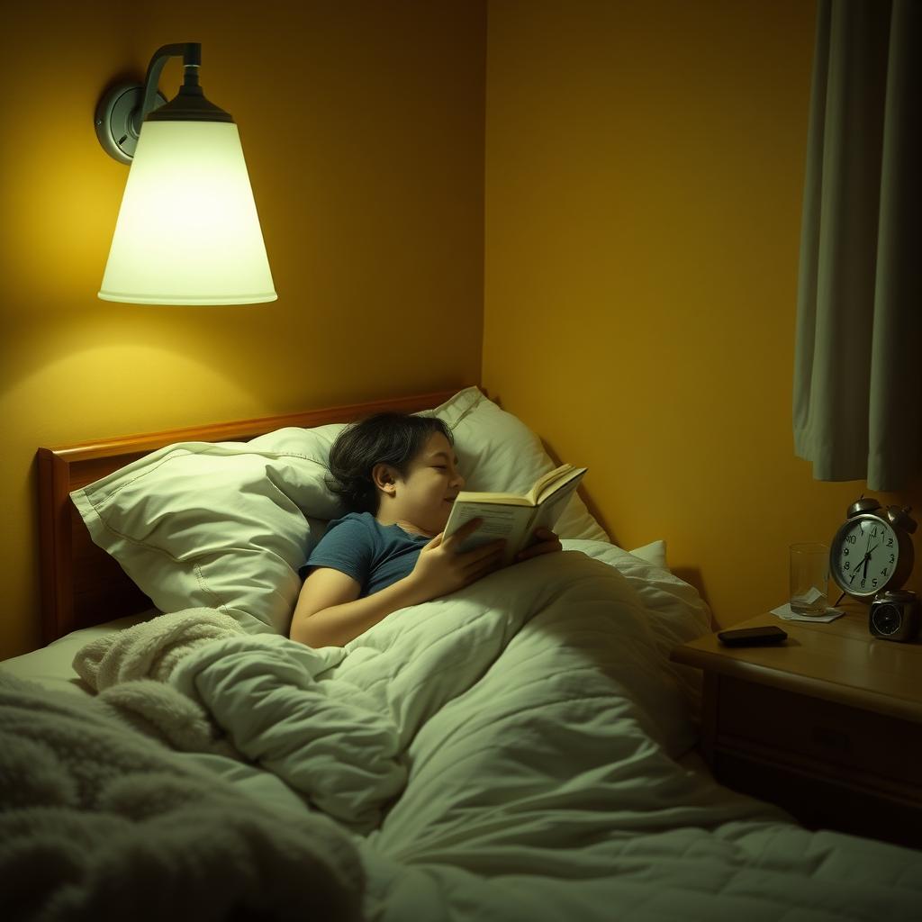 Parent reading in bed under soft lamplight with a cozy blanket and bedside table in a warm-toned bedroom.