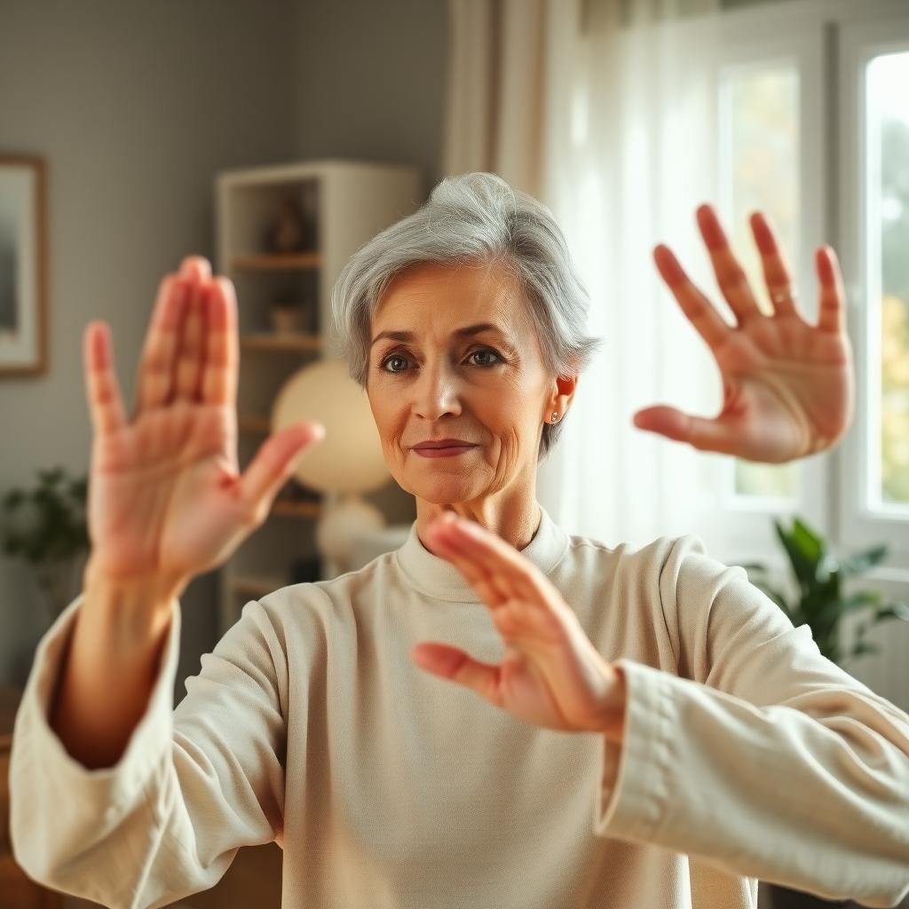 Senior woman practicing Tai Chi indoors, performing a gentle movement in a cozy, well-lit room.