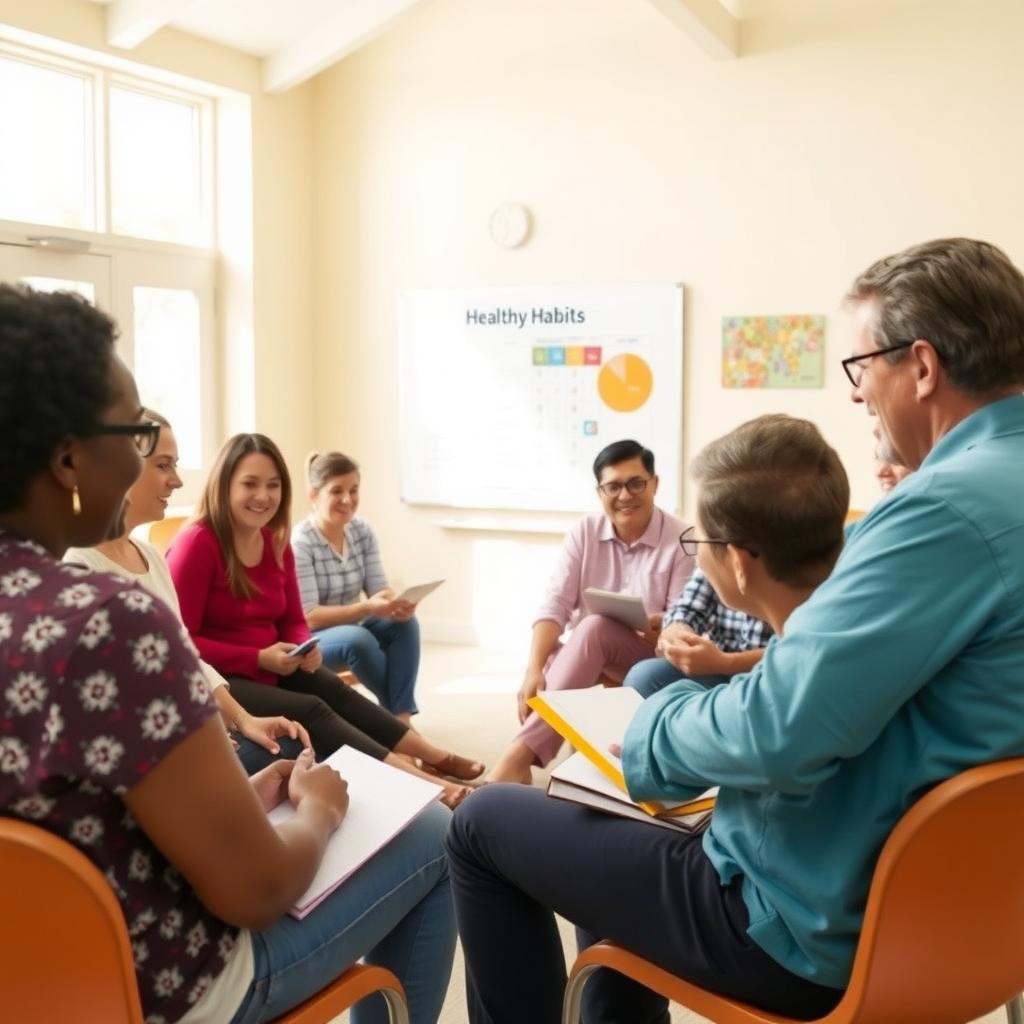 A diverse group discussing health strategies in a bright community center room