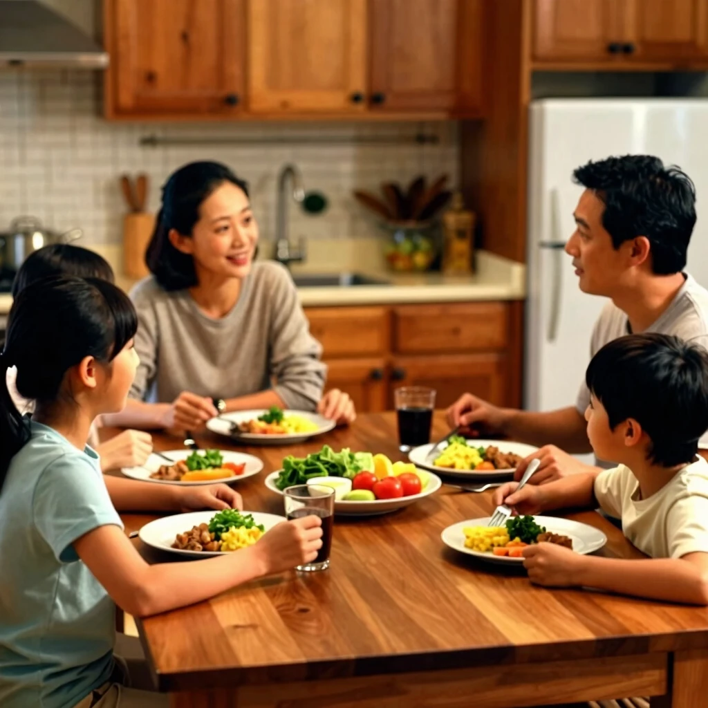 Family sharing a mindful device-free dinner