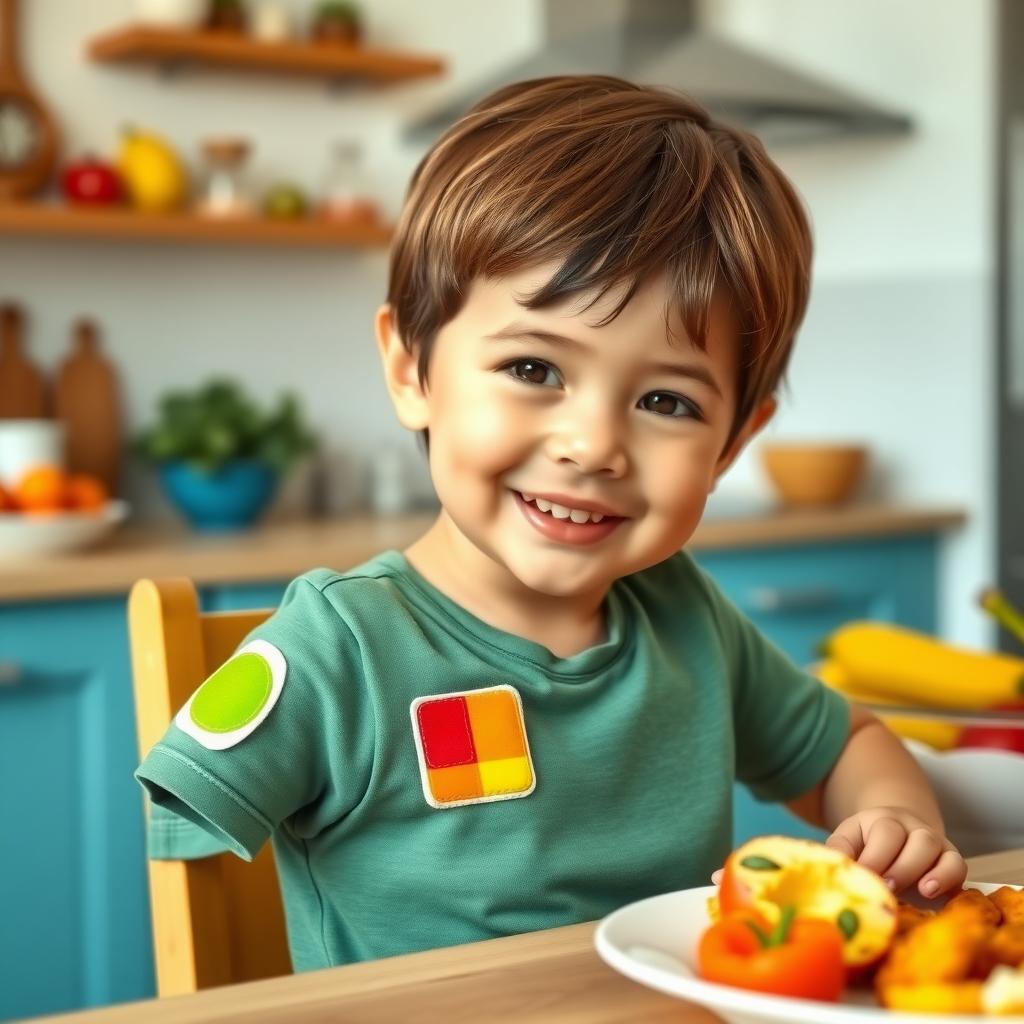 Child with an allergen immunotherapy patch eating confidently at a kitchen table